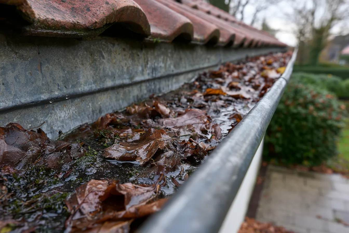 Gouttière en zinc remplie de feuilles mortes détrempées et de mousse, eau stagnante, en bord de toiture