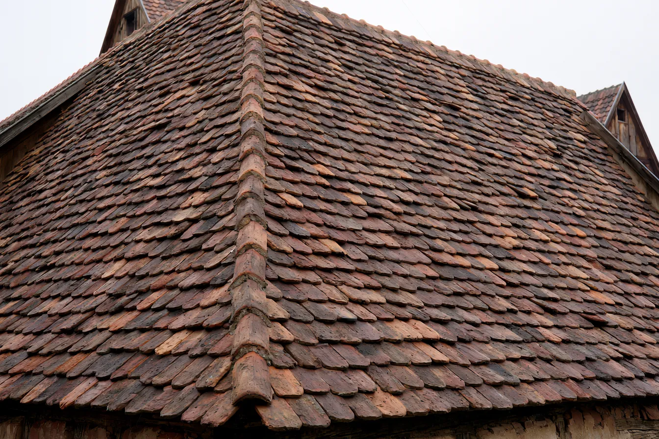Toiture en petites tuiles plates à bout arrondi, posées en rangées serrées sur forte pente