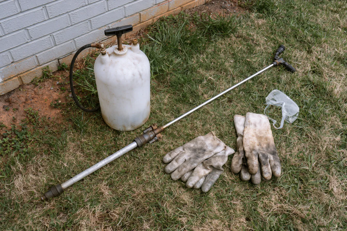 Pulvérisateur, lance télescopique, gants et lunettes de protection posés dans l’herbe