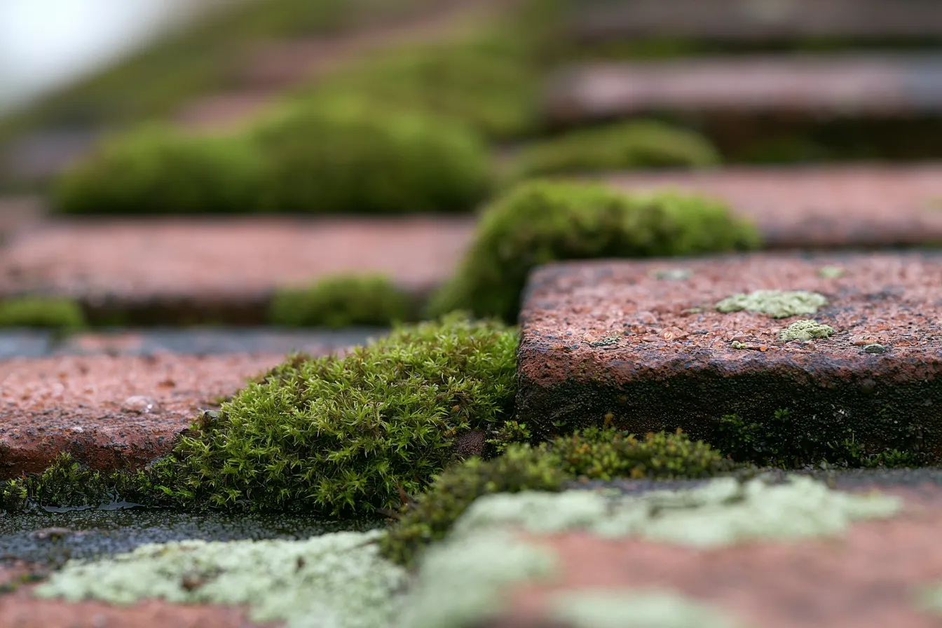 Coussins de mousse verte et lichen gris installés dans les creux entre des tuiles de terre cuite humides