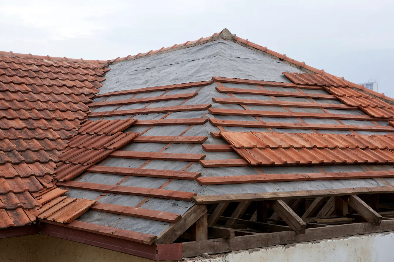 Toiture partiellement découverte laissant voir les liteaux de bois et l’écran sous-toiture