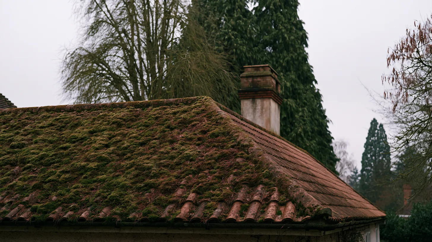 Toiture dont un versant, ombragé par des arbres, est couvert de mousse tandis que l’autre versant reste dégagé